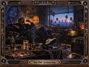 A relaxed figure lounges in a smoky Los Angeles room at dawn, framed by vinyl records, turntables, a sleeping dog, and low-lit treasures. Warm amber lamplight mingles with cool blue skyline glow, creating a moody West Coast atmosphere. The richly textured mixed-media scene feels intimate, nostalgic, stylish, and quietly self-possessed.