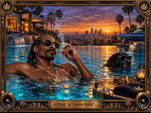 Snoop Dogg relaxes in a shimmering infinity pool overlooking a glowing Los Angeles skyline at sunset, accompanied by a sunglass-wearing black dog and a polished blue lowrider. Warm orange light contrasts with turquoise water, drifting smoke, gold accessories, and ornate carved framing, creating a luxurious, cinematic, hyper-detailed hip-hop atmosphere.