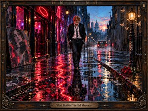A solitary, disheveled man walks through a rain-soaked city street as neon nightlife fades into cool dawn. Crimson, violet, and blue reflections ripple across puddles beside scattered roses and a fallen glass. Warm lamplight, circling moths, and distant architecture deepen the melancholy mood in richly textured, cinematic oil-painting style.