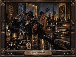 A sharply dressed man lounges beside an elegant woman in a luxurious West Coast penthouse, surrounded by vinyl records, dominoes, crystal glasses, smoke, and polished black surfaces. Warm amber lighting contrasts with the cool night skyline beyond, creating a sleek, confident, nocturnal mood rendered in richly detailed cinematic realism.