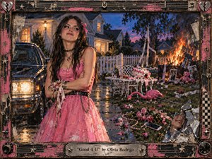 A defiant young woman in a torn pink party dress stands in a rain-slicked suburban yard amid shattered romance and burning memories. Neon pink, deep blue, orange firelight, and glossy reflections create a rebellious nighttime mood. Textured painterly detail, broken mirrors, ruined cake, photographs, flowers, and a distressed rock-inspired frame intensify the emotional fallout.