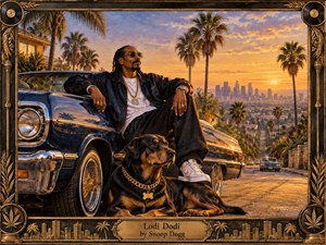 A richly detailed sunset painting shows a relaxed rapper beside a polished dark-blue lowrider, with a loyal black-and-tan dog resting in front. Palm trees, distant city towers, and winding streets create a warm West Coast atmosphere. Golden, purple, and blue hues, reflective chrome, ornate framing, and a vintage handcrafted poster style complete the scene.