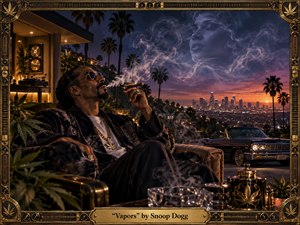 A richly cinematic nighttime scene shows a relaxed figure reclining on a terrace above a glowing city skyline, with a vintage lowrider, palm trees, and a faithful dog nearby. Purple, amber, and deep blue twilight create a luxurious, nostalgic mood, while drifting smoke forms an ethereal face. Ornate gold framing, musical details, and handcrafted textures complete the artwork.