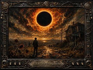 A lone figure stands at the edge of a decaying town beneath a colossal blackened sun ringed in fiery orange light. Dark clouds, wilted sunflowers, and distant silhouettes create an ominous, dreamlike mood. Rich oil-painted textures, scorched amber tones, deep shadows, and an ornate music-inspired metal frame intensify the surreal atmosphere.