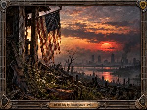 A ruined landscape glows beneath a fiery orange sunset, where a tattered American flag hangs beside a weathered guitar among splintered timber, rusted metal, and wildflowers. A smoky river and distant industrial skyline deepen the apocalyptic mood, framed by dark wood, guitar strings, metal fittings, and ornate corner details.