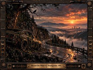 A decaying car rests beside a rain-slick mountain road winding above misty forests toward a distant city. Fiery sunset light pierces heavy clouds, creating an ominous, brooding atmosphere. Dark evergreens, rugged cliffs, reflective pavement, and a solitary crow intensify the cinematic realism, enclosed by an intricate industrial guitar-inspired metal frame.
