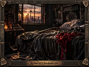 A shadowy Seattle bedroom glows beneath a fiery sunset, its rumpled bed dominated by a battered electric guitar and vivid red fabric. Boots, records, candles, and worn posters deepen the raw grunge atmosphere. Dark metallic framing, warm amber light, heavy shadows, and distressed photographic textures create restless, provocative intensity.