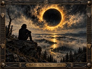 A solitary figure sits on a rocky overlook beneath an immense blackened sun ringed with fiery gold. Misty forests, winding water, and distant mountains create an ominous dreamscape under turbulent clouds. Dramatic amber light cuts through charcoal shadows, while an industrial guitar-inspired frame reinforces the brooding surreal rock aesthetic.
