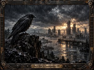 A rain-soaked raven overlooks a ruined industrial city beneath towering charcoal storm clouds. Cold black rock and steel structures frame a flooded valley, while distant amber sunlight breaks through the darkness and reflects across turbulent water. The detailed cinematic painting conveys isolation, decay, tension, and ominous beauty within an ornate metallic frame.