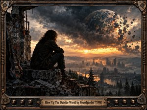 A lone long-haired figure sits among shattered concrete overlooking a misty city as a fractured planet erupts across a storm-darkened sky. Fiery sunset light contrasts with charcoal ruins, creating a brooding, apocalyptic mood. Detailed cinematic realism, a weathered guitar, and an ornate amplifier-inspired metal frame reinforce the grunge atmosphere.