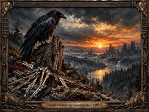 A black raven perches above weathered bones on a shattered forest stump, overlooking a mist-filled valley, winding river, distant ruins, and glowing sunset. Dark storm clouds and fiery amber light create a mournful, ominous atmosphere. Photorealistic detail, rugged textures, and an ornate guitar-inspired frame reinforce the brooding composition.