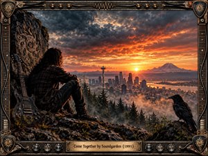 A solitary musician and black raven overlook Seattle at fiery sunset, framed by rugged mountains, misty forests, and glowing city lights. Dramatic storm clouds deepen the reflective grunge mood. Photorealistic detail, warm orange illumination, weathered rock, guitar imagery, and an ornate industrial frame create a powerful Pacific Northwest atmosphere.