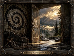 A decaying room opens onto a misty mountain wilderness beneath glowing storm clouds, creating a tense passage from darkness into possibility. Weathered doors, cracked walls, spiral graffiti, rubble, and a battered guitar case reinforce the grunge atmosphere. Warm golden light contrasts with deep blacks, earthy browns, and forest greens.