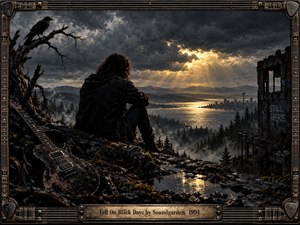A solitary figure sits on a rain-darkened ridge overlooking misty forests, water, and a distant Seattle skyline beneath turbulent charcoal clouds. Golden sunlight breaks through dramatically, illuminating the horizon and wet rocks. A raven, battered guitar, ruined structure, and ornate guitar-string frame deepen the brooding, cinematic grunge atmosphere.