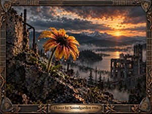 A weathered orange flower rises from dark rocky ruins above a misty mountain lake and abandoned industrial structure. Warm sunset light breaks through heavy storm clouds, illuminating dew-covered petals against cool gray shadows. A detailed guitar-inspired metal frame with picks, strings, vines, and an engraved title plate reinforces the dramatic grunge atmosphere.