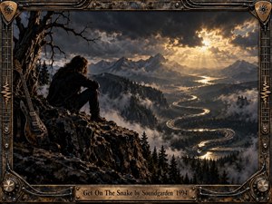 A lone musician overlooks a vast mountain valley where a gleaming serpentine roadway coils through dark forests and mist. Storm clouds break around golden sunset rays, creating an ominous yet transcendent mood. Weathered rock textures, a battered guitar, and an industrial metal frame reinforce the gritty cinematic grunge aesthetic.