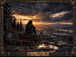 A solitary figure overlooks a rain-darkened Seattle skyline beneath turbulent storm clouds and fiery sunset light. An open guitar case rests among wet rocks and reflective puddles, creating a brooding, introspective grunge atmosphere. Distressed metalwork, guitar strings, pick-shaped corners, graffiti, and a weathered brass title plate complete the cinematic composition.