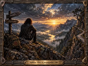 A lone traveler rests on a rocky mountain overlook, gazing toward a glowing sunset beyond misty valleys, forests, and distant peaks. Weathered signs point toward past and future, reinforcing a reflective, uncertain mood. Dramatic storm clouds, golden light, rugged textures, and an industrial guitar-inspired frame create cinematic tension.