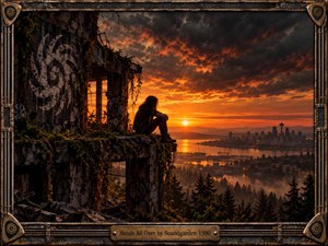 A solitary figure sits on a crumbling, graffiti-covered industrial ruin overlooking Seattle at sunset. Fiery orange light breaks beneath heavy storm clouds, illuminating water, forests, and the distant skyline. Overgrown vines and fractured concrete create a brooding grunge atmosphere, enclosed by a weathered metal frame with guitar-inspired detailing.