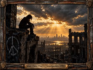 A solitary figure sits on a shattered industrial ledge overlooking a ruined city beneath turbulent storm clouds. Brilliant golden sunlight breaks through the darkness, casting dramatic rays across distant towers and reflective water. Gritty cinematic realism, deep charcoal shadows, weathered concrete, and an elaborate rusted metal guitar-themed frame create a brooding atmosphere.
