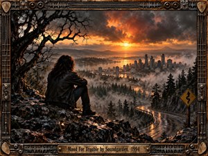 A solitary figure overlooks a misty city from a rocky hillside beneath a turbulent orange sunset. Twisted branches, dark evergreens, wet pavement, and a winding mountain road create brooding tension. Cinematic realism, metallic highlights, smoky shadows, and a weathered guitar-inspired frame reinforce the rugged grunge atmosphere.