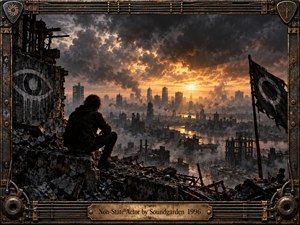 A lone figure surveys a ruined industrial city beneath towering storm clouds and a fiery sunset. Blackened structures, drifting smoke, rubble, and stark eye symbols create a tense dystopian mood. Warm amber light cuts through charcoal shadows, while an intricate weathered metal frame with guitar strings and mechanical details reinforces the grunge aesthetic.