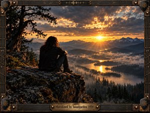 A solitary figure sits on a rugged cliff overlooking misty forests, winding lakes, and distant mountains beneath a blazing sunset. Golden light pierces heavy clouds, contrasting with deep blue shadows and creating a brooding, reflective mood. A weathered guitar-inspired metal frame reinforces the gritty early-1990s rock atmosphere.