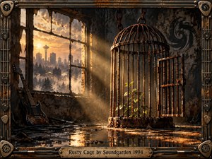 A rusted birdcage stands open inside a decaying industrial room, suggesting confinement and release. Golden sunset light cuts through broken windows toward Seattles skyline, illuminating a battered guitar, hanging chains, wet floors, and new green growth. Detailed cinematic realism, corroded metal, deep shadows, and warm amber tones create tense resilience.