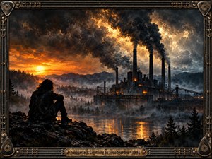 A lone figure overlooks a sprawling industrial complex beneath towering smokestacks and turbulent storm clouds. Fiery sunset light clashes with cold blue-gray darkness, reflecting across misty water. Cinematic digital painting, rugged mountains, drifting smoke, glowing factory windows, and an ornate metal frame create a brooding, powerful atmosphere.