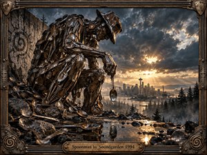 A monumental figure assembled from weathered metal spoons crouches above a misty industrial city, evoking raw rhythm and brooding intensity. Storm clouds frame bursts of golden sunlight across wet rocks and reflective water. Detailed digital realism, rusted textures, scattered utensils, evergreen silhouettes, and an ornate metallic frame create dramatic grunge atmosphere.