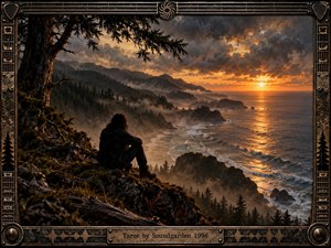 A solitary figure sits on a rugged coastal cliff overlooking misty forests, crashing waves, and distant headlands beneath a dramatic sunset. Warm amber light pierces brooding gray clouds, creating a reflective, melancholic mood. Cinematic realism, deep shadows, weathered textures, and an ornate guitar-inspired metal frame reinforce the grunge atmosphere.