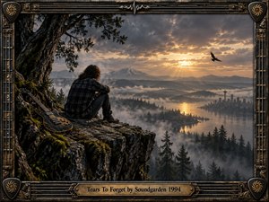 A solitary figure sits on a moss-covered cliff beside a weathered guitar, overlooking a misty forest, reflective water, distant mountains, and a shadowed city. Golden sunset rays pierce heavy gray clouds, creating a brooding, contemplative mood. An ornate guitar-inspired metal frame reinforces the dark cinematic grunge aesthetic.