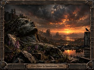 A colossal weathered stone figure lies among industrial ruins and wildflowers beneath a turbulent sunset. Dark steel structures frame a distant waterfront city while fiery orange light breaks through charcoal clouds and reflects across pools. A solitary crow heightens the desolate mood, enclosed by an ornate, guitar-inspired metallic frame.