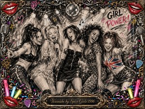 Five exuberant women crowd together in a lively 1990s pop-performance scene, laughing, singing, and posing with microphones beneath glowing stage lights and a disco ball. Deep feathered charcoal textures dominate, accented by vivid reds, pinks, blues, and gold. An ornate music-themed frame adds lips, picks, confetti, and engraved titlework.