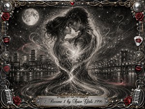 A tender couple embraces beneath a glowing moon above a sparkling city waterfront, their charcoal forms merging through swirling heart-shaped light. Deep black, silver, and soft white tones create an intimate, dreamlike mood, accented by red roses and lips. An ornate chrome-and-gold musical frame surrounds the romantic composition.