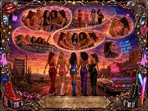 Five stylish women move through a glowing desert-road montage, linked by feathered memory bubbles that curve in an elegant S-shape. Saturated pinks, oranges, purples, and electric blues create a playful, confident mood. Ornate chrome-and-gold framing, neon accents, microphones, lips, platform boots, and sparkling lights evoke glossy 1990s pop exuberance.