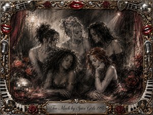 Five women gather in a smoky, intimate charcoal tableau, their reflective poses suggesting tenderness, longing, and emotional complexity. Deep blacks, soft grays, crimson roses, and warm highlights create dramatic depth. An ornate gold-and-chrome musical frame features red lips, microphones, piano keys, disco balls, and an engraved title plate.