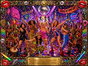 A vibrant nighttime street carnival bursts with dancers, musicians, confetti, and glowing city lights beneath a sparkling disco ball. Saturated pinks, reds, blues, purples, and gold create an exuberant pop atmosphere. Ornate musical details frame the energetic digital painting, while the engraved title plate anchors the colorful, celebratory composition.