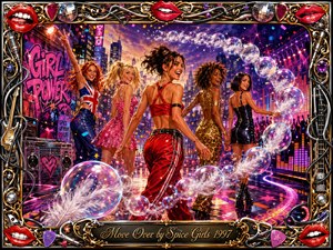 Five confident women stride through a neon-lit city celebration, surrounded by sparkling feathered bubbles sweeping in an S-curve. Vibrant reds, pinks, golds, blues, and purples glow beneath theatrical stage lighting. The glossy digital-painting style blends pop glamour, movement, confetti, graffiti, musical details, and an ornate chrome-and-gold frame.