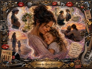 A tender mother embraces her smiling daughter at the center of a richly textured painted collage, surrounded by glowing memories of childhood, pregnancy, school days, beach walks, and sunset companionship. Warm gold, rose, cream, and amber tones create a nostalgic mood, framed by ornate musical memorabilia, guitars, records, microphones, and a polished engraved title plate.