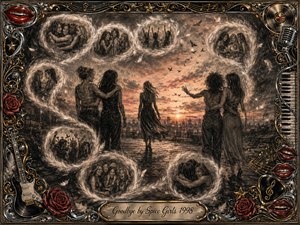 A bittersweet charcoal farewell unfolds at sunset as five women stand together while one walks toward a glowing distant skyline. Feathered memory bubbles curve through the scene, revealing moments of laughter, music, and embraces. Warm amber and rose light soften smoky grays, framed by ornate gold, chrome, roses, instruments, and red lips.