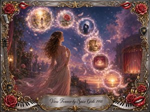 A wistful woman in a flowing rose-colored gown gazes toward glowing memory bubbles sweeping through a twilight garden in a graceful S-curve. Warm gold, lavender, and deep blue light create a romantic, timeless mood. Ornate chrome-and-gold framing, roses, guitars, piano keys, feathers, stars, and red lips complete the richly detailed digital painting.