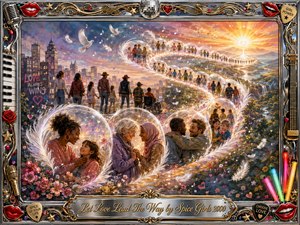 A luminous mixed-media scene follows diverse people through feathered bubbles along an S-curving path toward a radiant sunrise. Warm gold, coral, pink, lavender, and blue create a hopeful, compassionate mood. Soft painterly lighting, flowers, doves, musical notes, and embraces enrich the journey, framed by ornate chrome, gold, and pop-inspired details.
