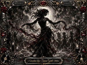 A mysterious woman dances beneath a luminous moon, surrounded by smoky silhouettes, candles, occult patterns, and swirling charcoal ribbons. Deep blacks, silvery grays, and restrained crimson accents create a seductive gothic mood. An ornate chrome-and-gold musical frame, decorated with roses, microphones, records, and red lips, completes the dramatic composition.