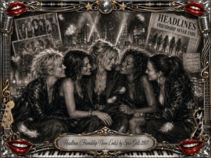Five women gather closely in a warm nighttime reunion, smiling beneath glowing city lights and drifting feathers. Deep charcoal textures create a nostalgic, intimate mood, accented by crimson lips, chrome, and gold. An ornate music-themed frame features microphones, guitars, piano keys, stars, and a polished engraved title plate.