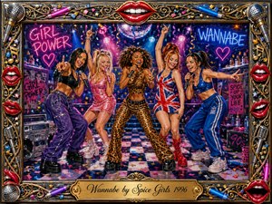 Five exuberant performers dance and sing beneath neon lights, a disco ball, and falling confetti in a vibrant 1990s club scene. Saturated pinks, blues, golds, and purples create a playful, celebratory mood. Expressive acrylic-style brushwork, glossy highlights, microphones, boombox details, red lips, and ornate gold framing amplify the energetic girl-power atmosphere.
