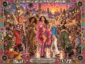 Five glamorous dancers stride through a jubilant twilight street carnival, surrounded by cheering crowds, lanterns, mosaics, flowers, and swirling confetti. Saturated pinks, golds, turquoise, red, and violet glow beneath a fiery sunset. The richly textured mixed-media style, reflective pavement, ornate jeweled frame, and chrome title plate create exuberant late-1990s pop energy.