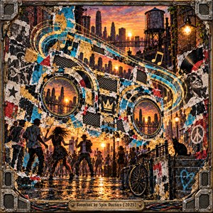 A towering abstract boombox rises above dancers on a rain-slick city street at sunset. Torn posters, vinyl fragments, and painted sound waves swirl through golden light against a dusky skyline. Electric blues, reds, and amber glow animate the exuberant mixed-media collage, enclosed by an industrial metal frame with engraved title plate.