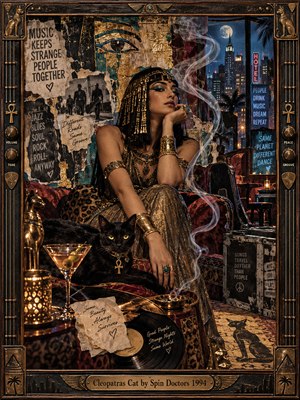 An enigmatic woman adorned in Egyptian gold jewelry lounges beside a watchful black cat in a smoky, moonlit nightclub. Torn posters, vinyl records, neon signs, and city lights create a playful, mysterious atmosphere. Rich burgundy, teal, and amber lighting enhances intricate collage textures, enclosed within an ornate bronze frame.