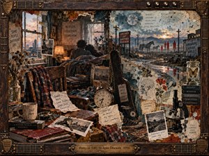 A richly layered mixed-media collage blends a cluttered bedroom with a desolate roadside landscape. Shadowy companions, scattered photographs, an alarm clock, distant horses, and scientific illustrations evoke sacrifice and routine. Warm amber light contrasts with smoky blues, rust reds, and weathered browns. A guitar-inspired wooden frame completes the melancholic composition.